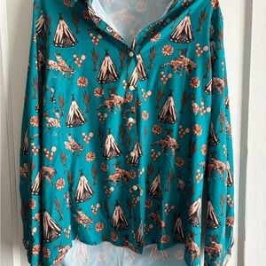 Teal Button-Up Shirt with Teepee Print